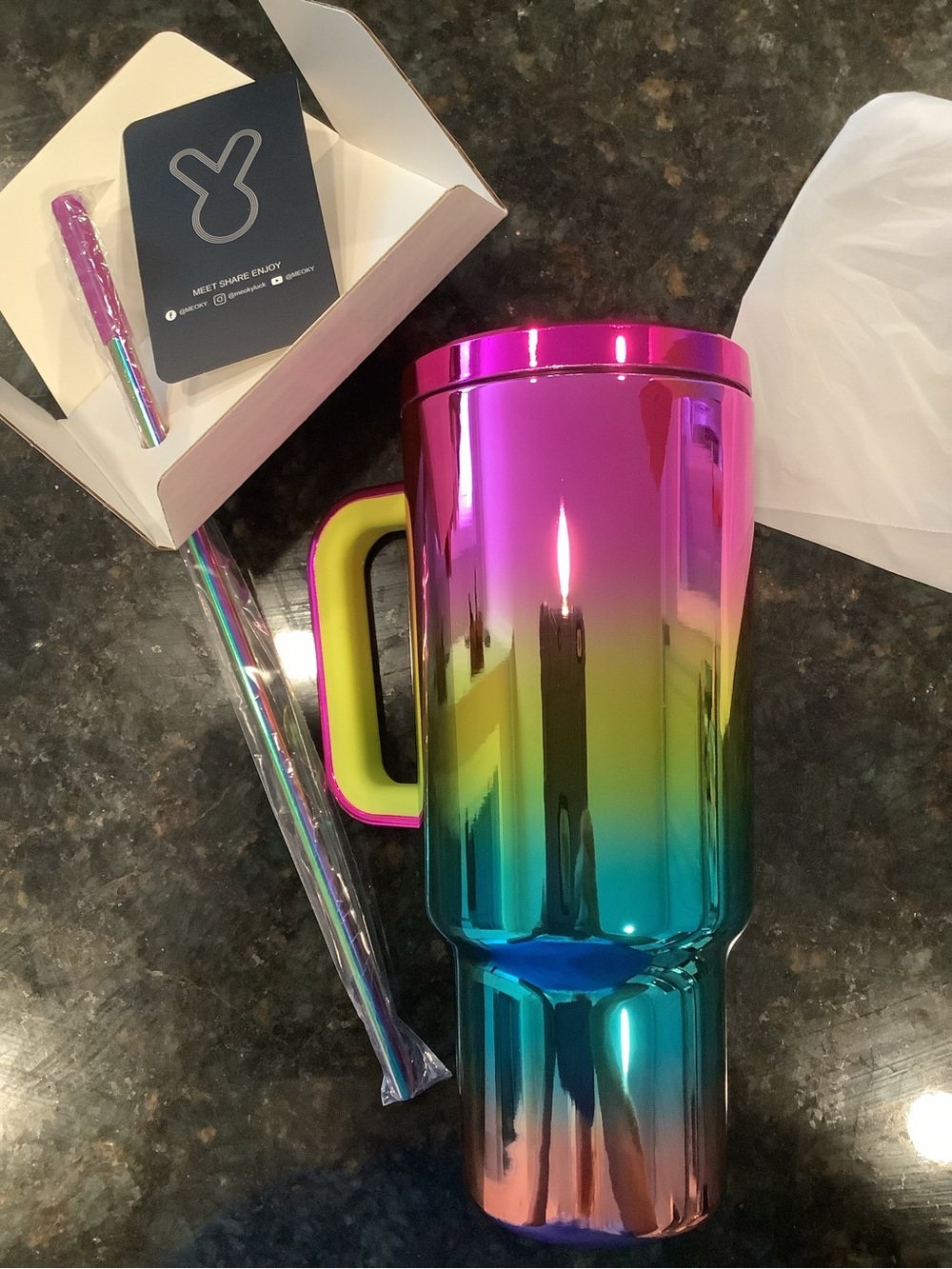 Iridescent Pink-Green Ombre Travel Mug with Handle and Straw